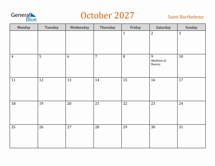 October 2027 Holiday Calendar with Monday Start