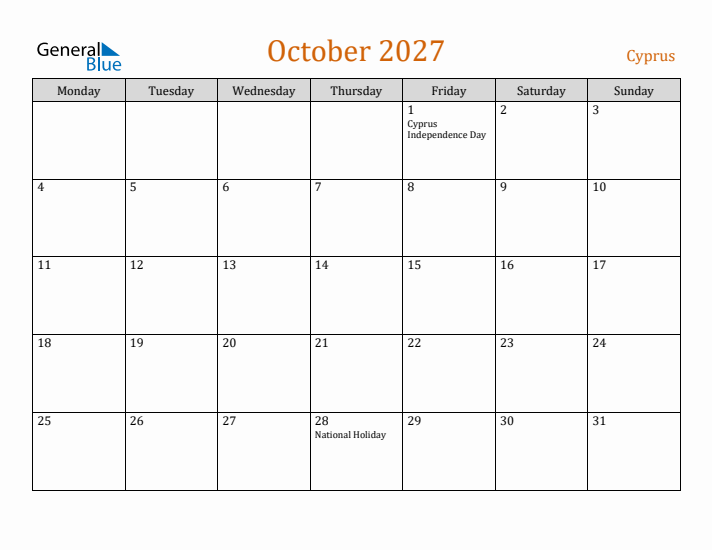 October 2027 Holiday Calendar with Monday Start