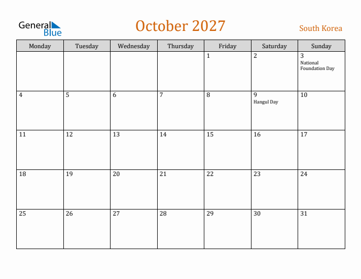 October 2027 Holiday Calendar with Monday Start