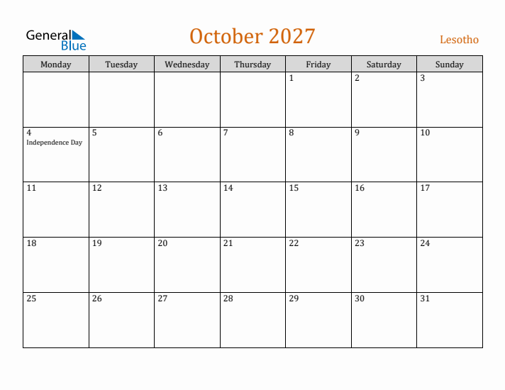 October 2027 Holiday Calendar with Monday Start