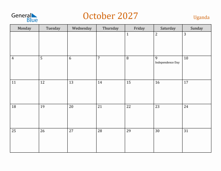 October 2027 Holiday Calendar with Monday Start