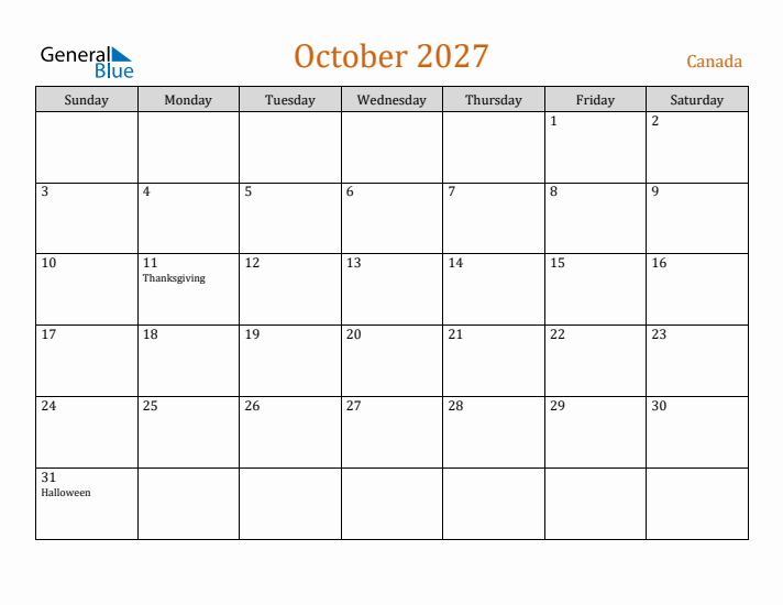 October 2027 Holiday Calendar with Sunday Start