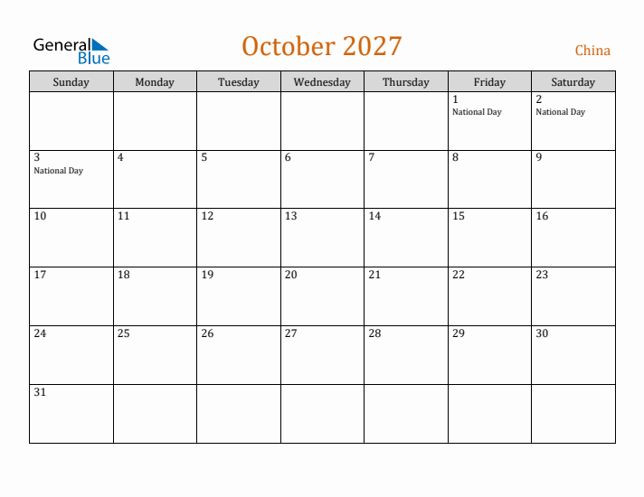 October 2027 Holiday Calendar with Sunday Start