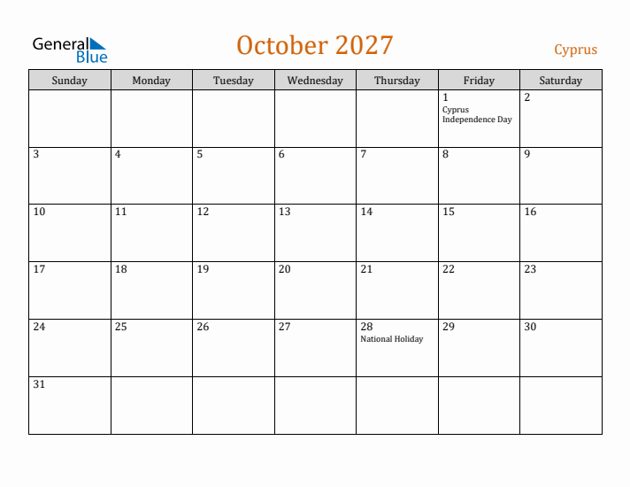 October 2027 Holiday Calendar with Sunday Start