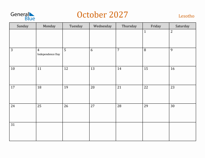 October 2027 Holiday Calendar with Sunday Start