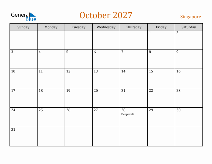 October 2027 Holiday Calendar with Sunday Start