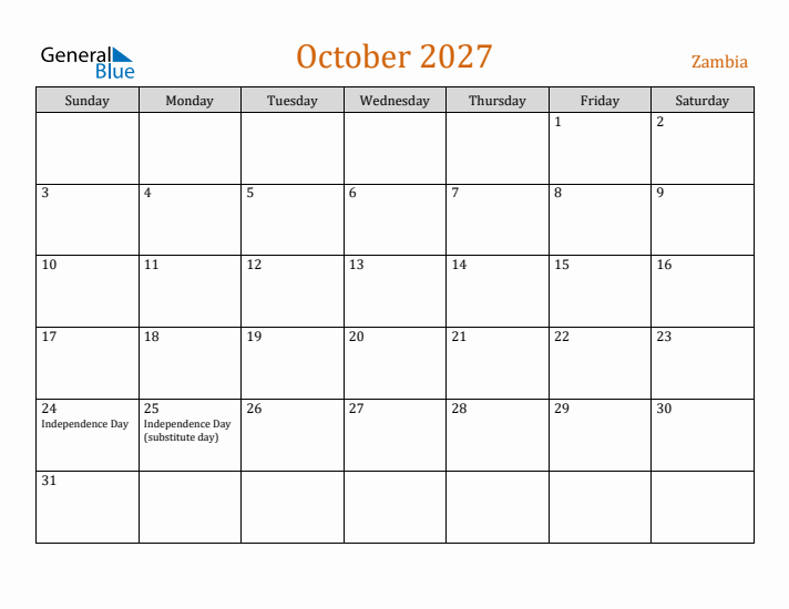 October 2027 Holiday Calendar with Sunday Start