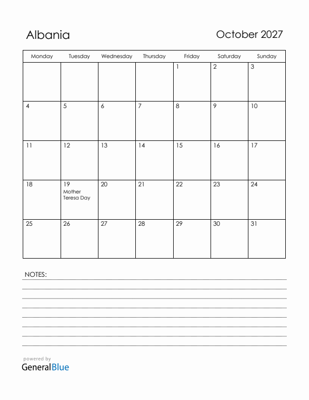 October 2027 Albania Calendar with Holidays (Monday Start)