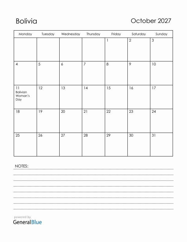 October 2027 Bolivia Calendar with Holidays (Monday Start)