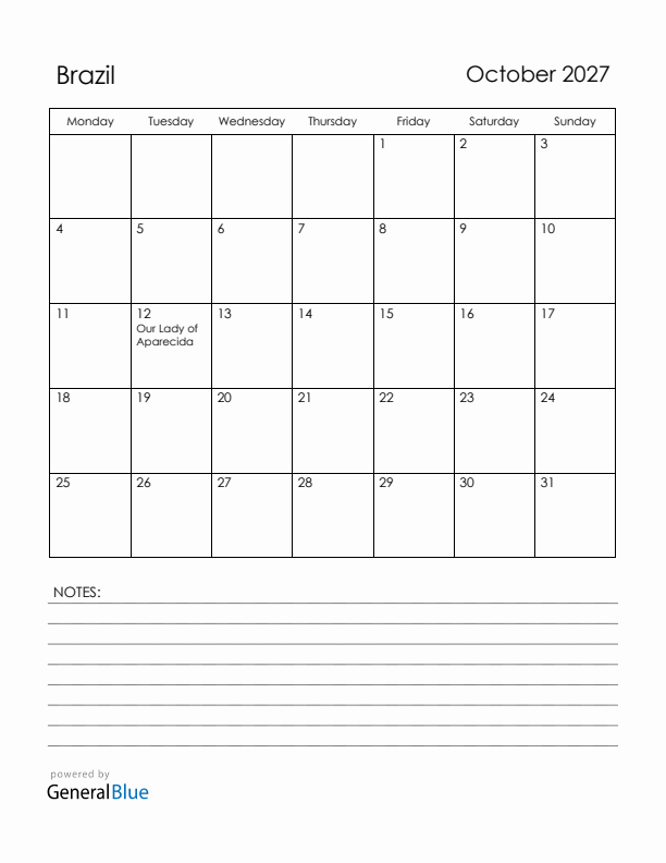 October 2027 Brazil Calendar with Holidays (Monday Start)