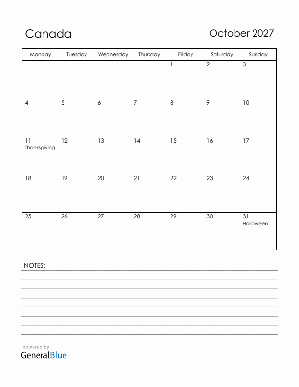 October 2027 Canada Calendar with Holidays (Monday Start)