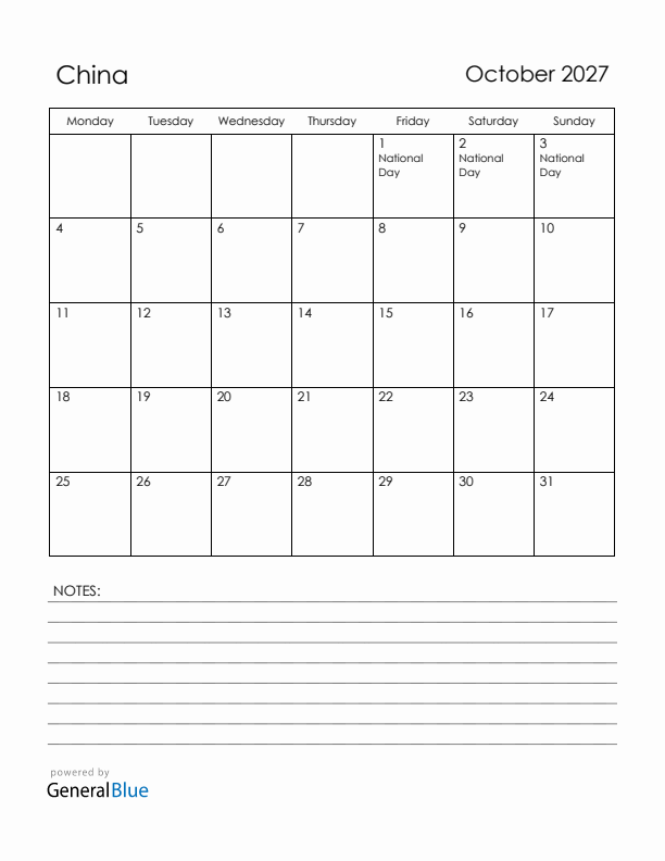 October 2027 China Calendar with Holidays (Monday Start)