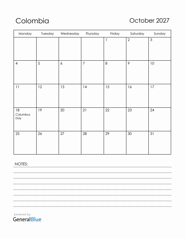 October 2027 Colombia Calendar with Holidays (Monday Start)