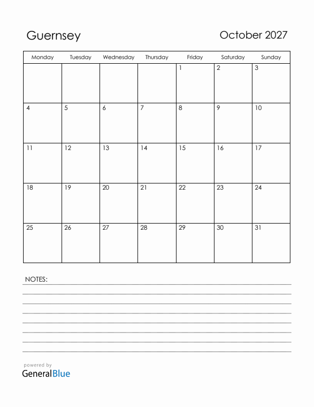 October 2027 Guernsey Calendar with Holidays (Monday Start)