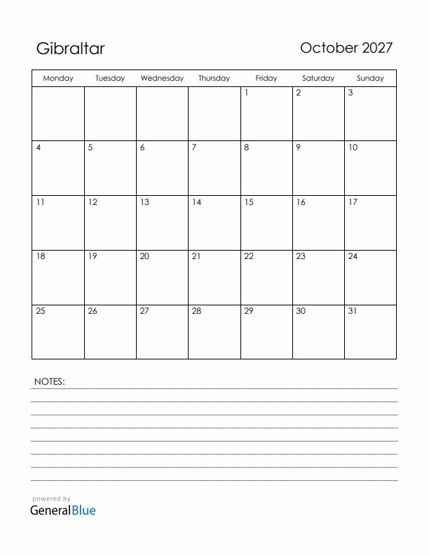 October 2027 Gibraltar Calendar with Holidays (Monday Start)