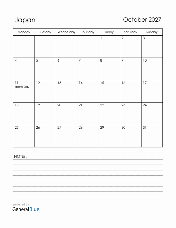 October 2027 Japan Calendar with Holidays (Monday Start)
