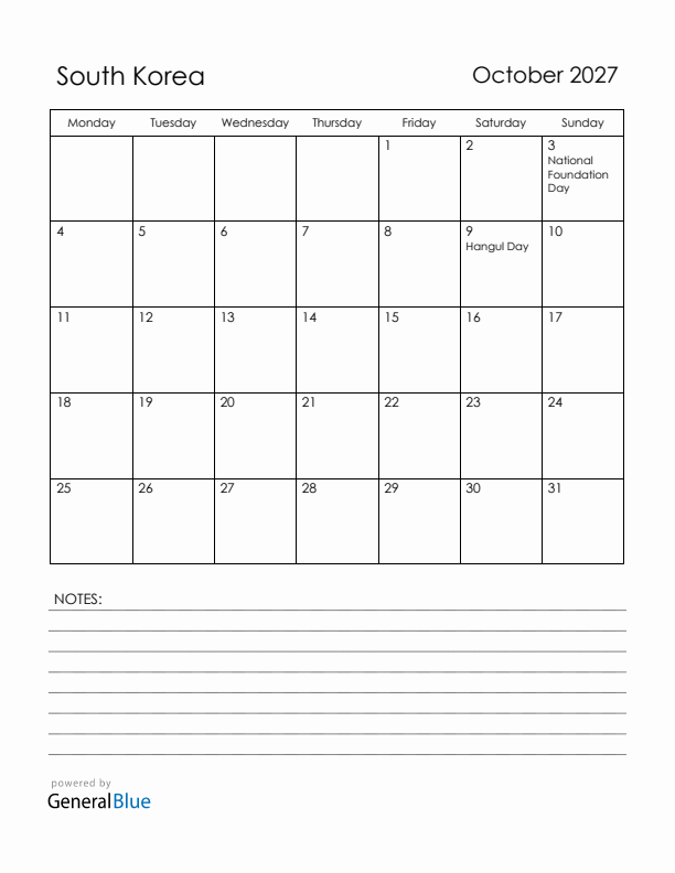 October 2027 South Korea Calendar with Holidays (Monday Start)