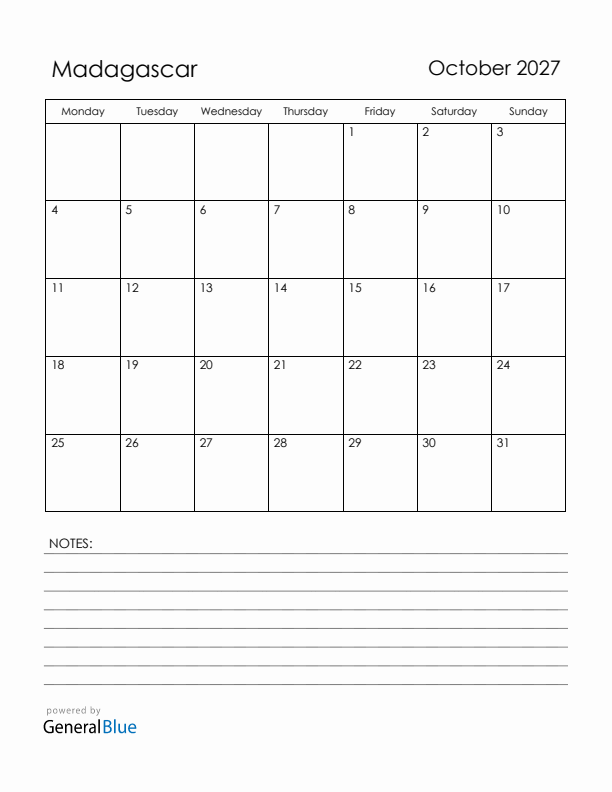 October 2027 Madagascar Calendar with Holidays (Monday Start)