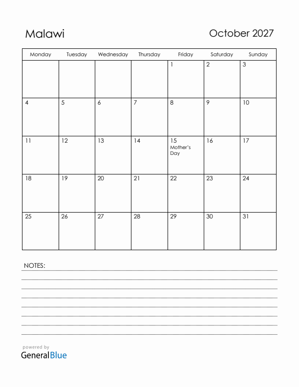 October 2027 Malawi Calendar with Holidays (Monday Start)