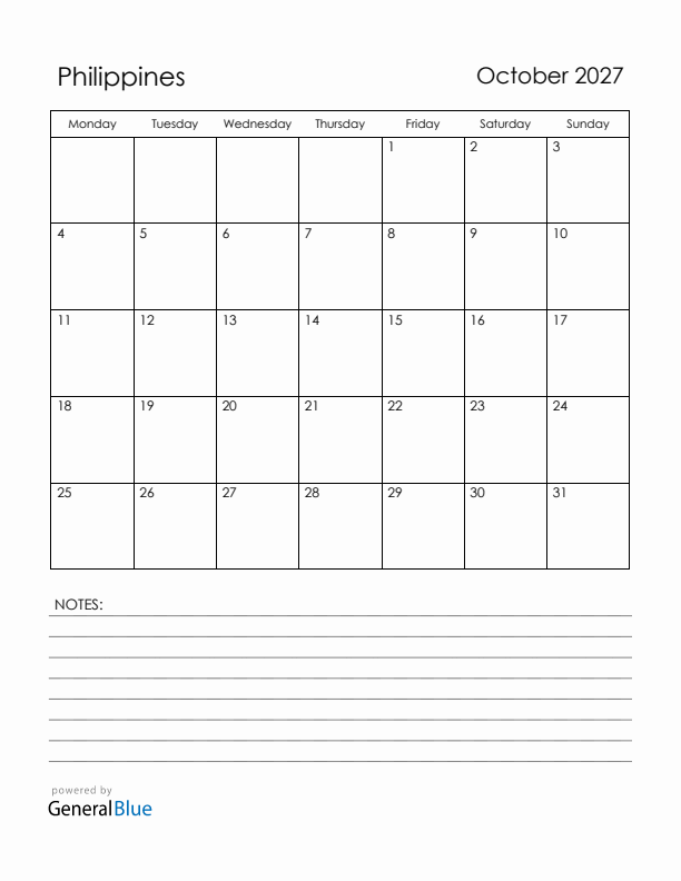 October 2027 Philippines Calendar with Holidays (Monday Start)