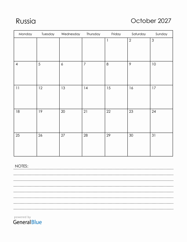 October 2027 Russia Calendar with Holidays (Monday Start)
