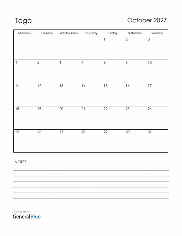 October 2027 Togo Calendar with Holidays (Monday Start)