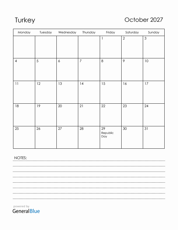 October 2027 Turkey Calendar with Holidays (Monday Start)