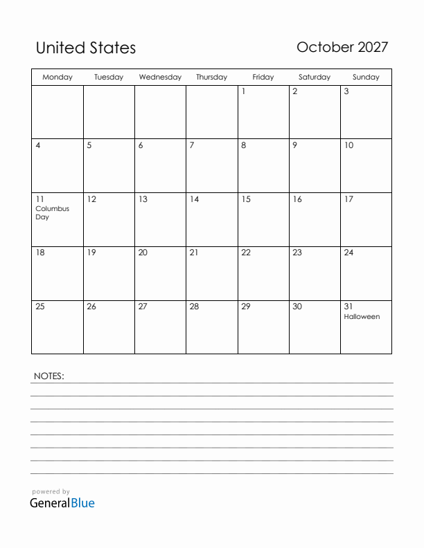 October 2027 United States Calendar with Holidays (Monday Start)