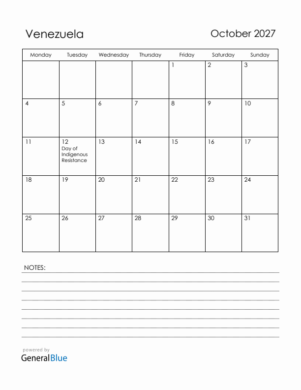 October 2027 Venezuela Calendar with Holidays (Monday Start)