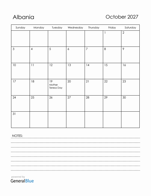 October 2027 Albania Calendar with Holidays (Sunday Start)