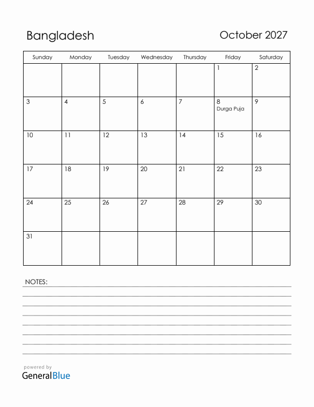 October 2027 Bangladesh Calendar with Holidays (Sunday Start)