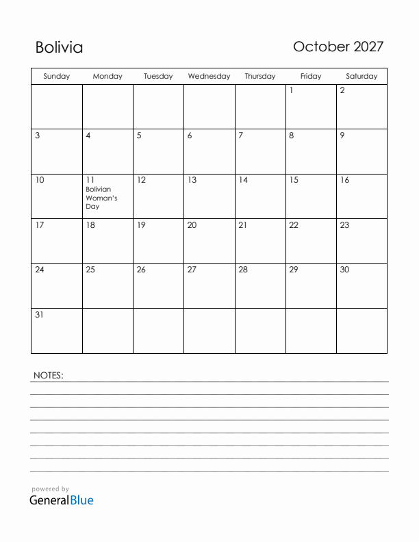 October 2027 Bolivia Calendar with Holidays (Sunday Start)