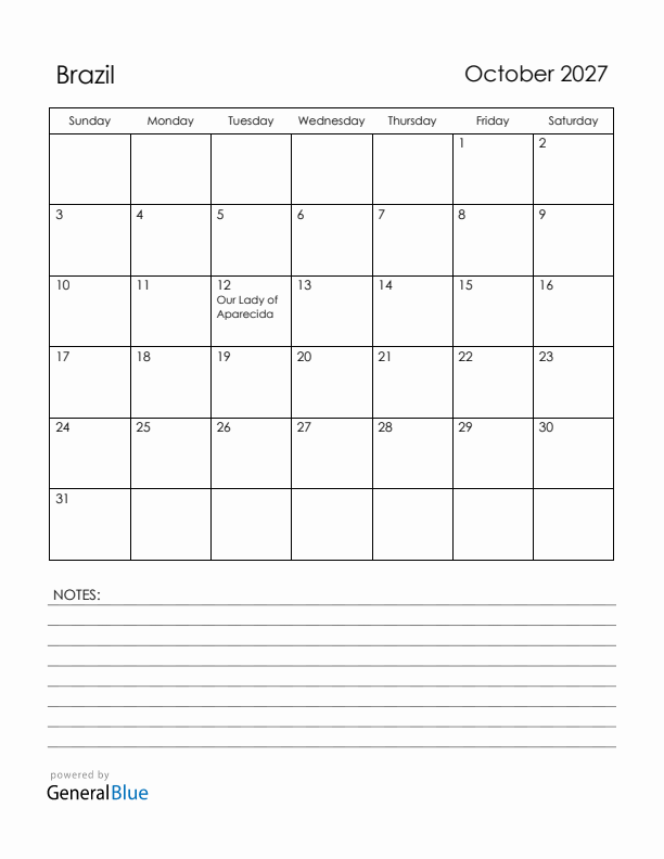 October 2027 Brazil Calendar with Holidays (Sunday Start)