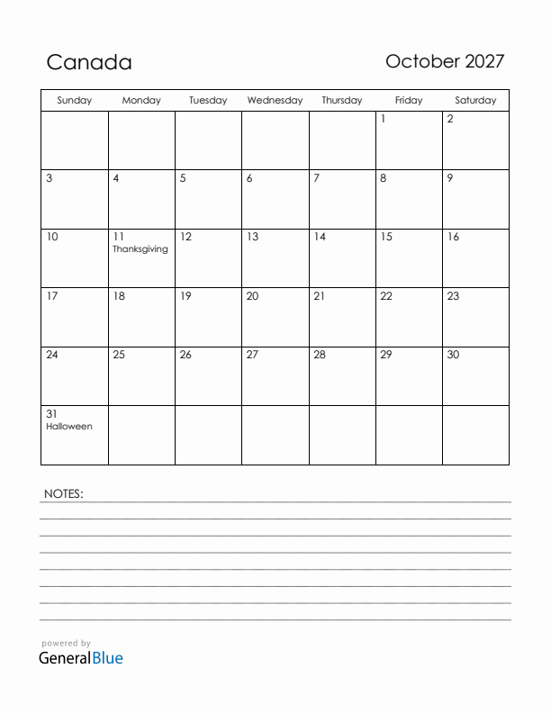 October 2027 Canada Calendar with Holidays (Sunday Start)