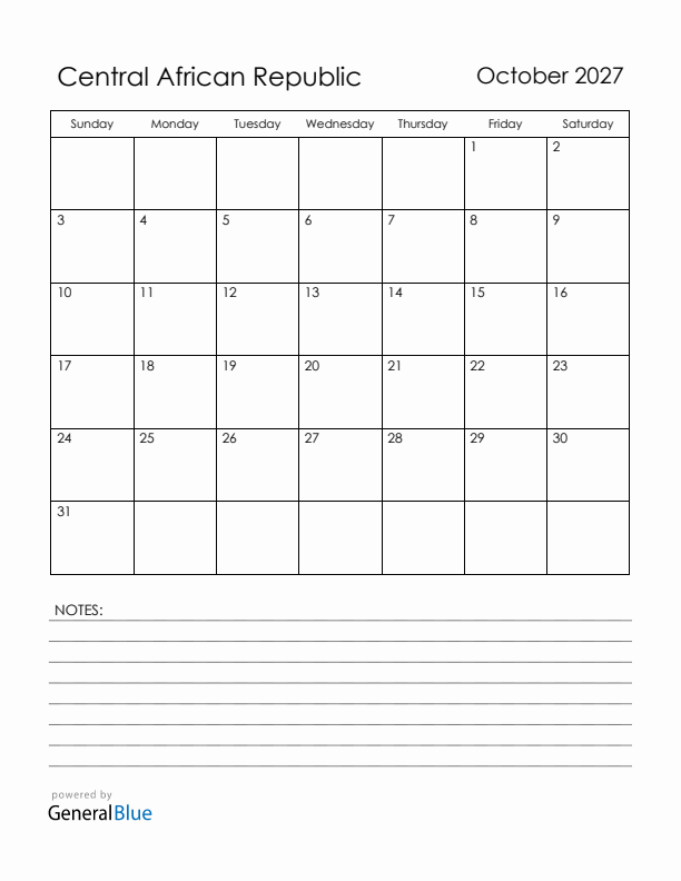 October 2027 Central African Republic Calendar with Holidays (Sunday Start)