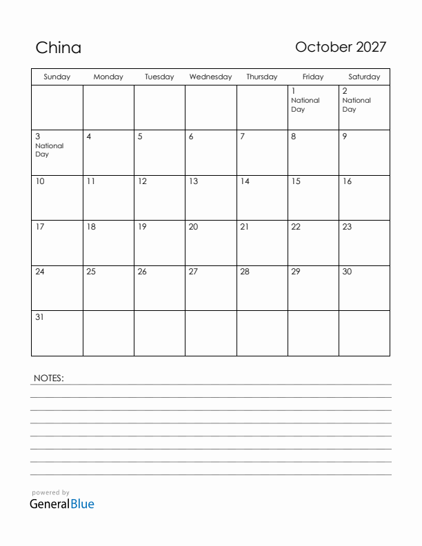 October 2027 China Calendar with Holidays (Sunday Start)