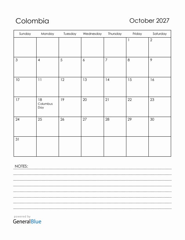 October 2027 Colombia Calendar with Holidays (Sunday Start)