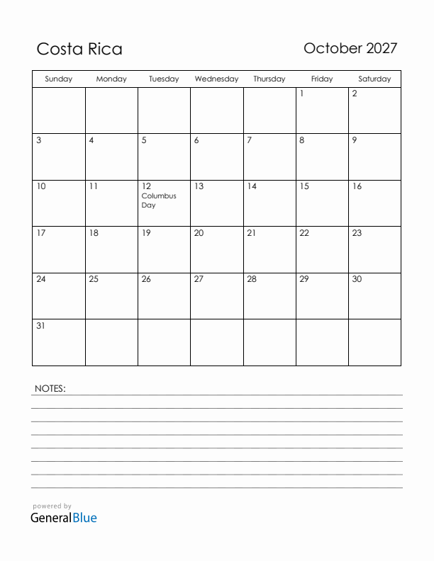 October 2027 Costa Rica Calendar with Holidays (Sunday Start)