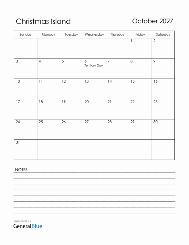 October 2027 Christmas Island Calendar with Holidays (Sunday Start)