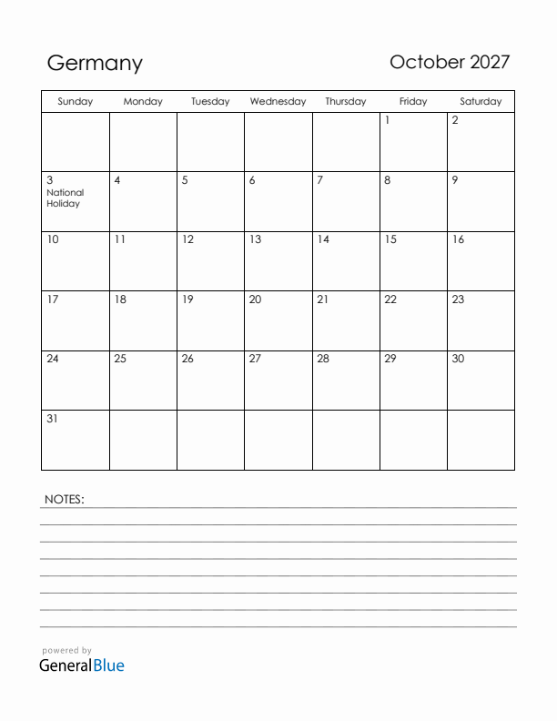 October 2027 Germany Calendar with Holidays (Sunday Start)