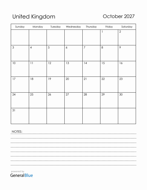 October 2027 United Kingdom Calendar with Holidays (Sunday Start)