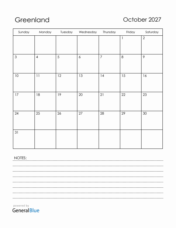 October 2027 Greenland Calendar with Holidays (Sunday Start)