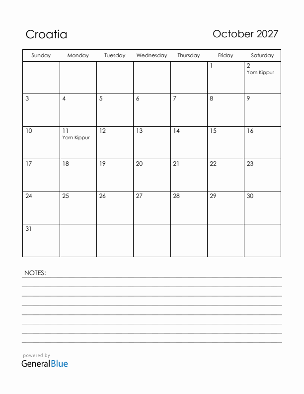 October 2027 Croatia Calendar with Holidays (Sunday Start)