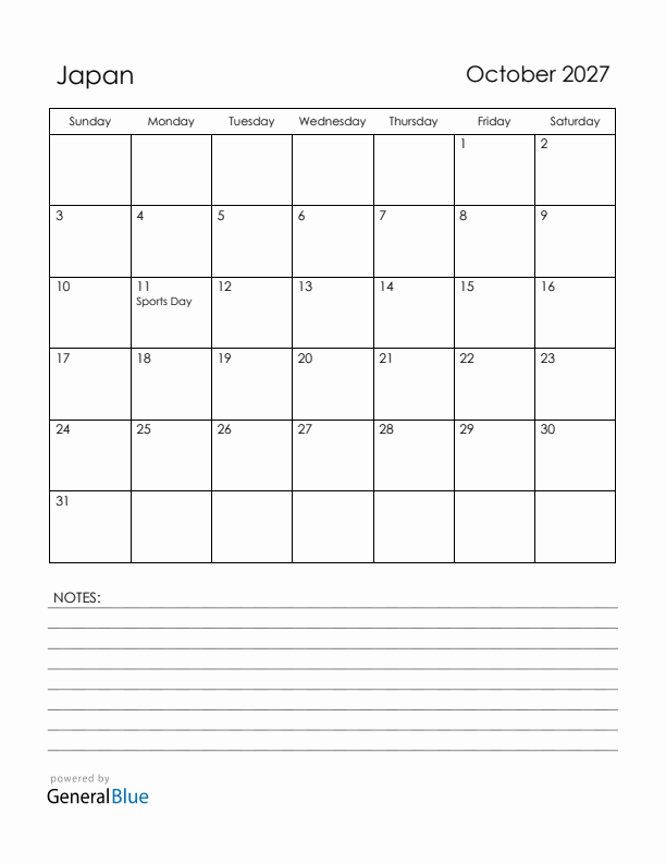 October 2027 Japan Calendar with Holidays (Sunday Start)