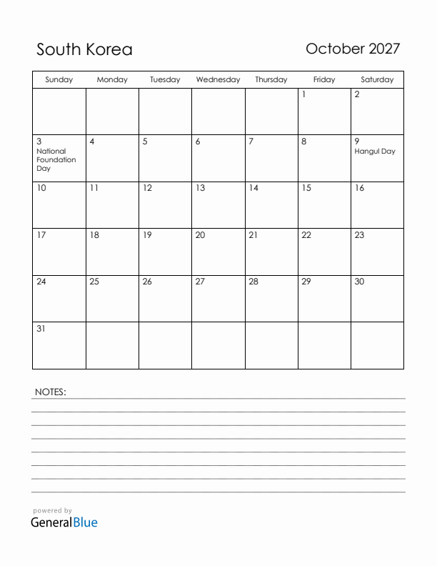 October 2027 South Korea Calendar with Holidays (Sunday Start)