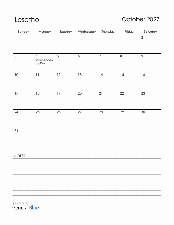 October 2027 Lesotho Calendar with Holidays (Sunday Start)