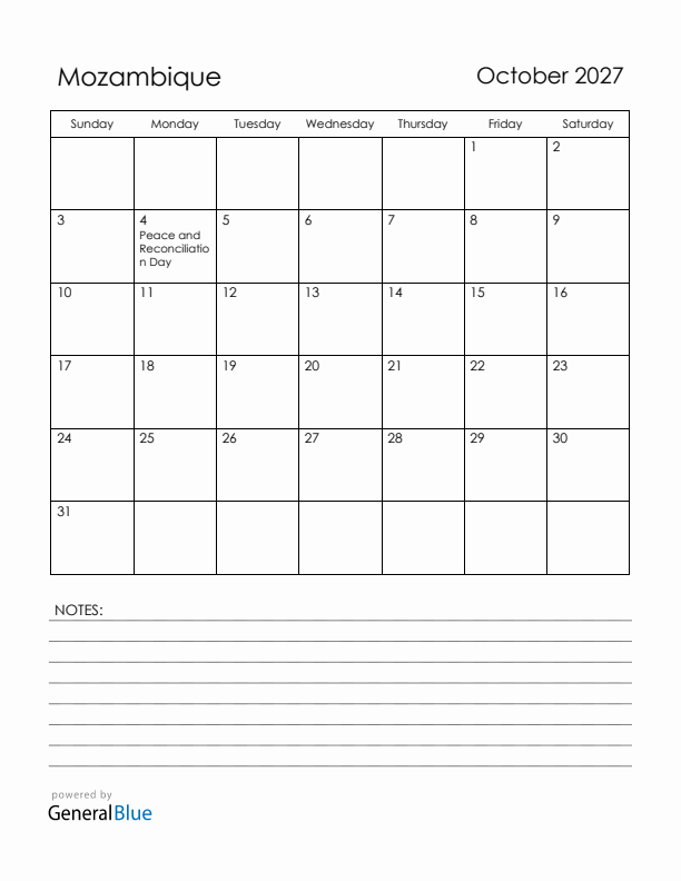 October 2027 Mozambique Calendar with Holidays (Sunday Start)