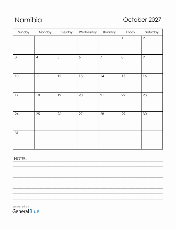 October 2027 Namibia Calendar with Holidays (Sunday Start)