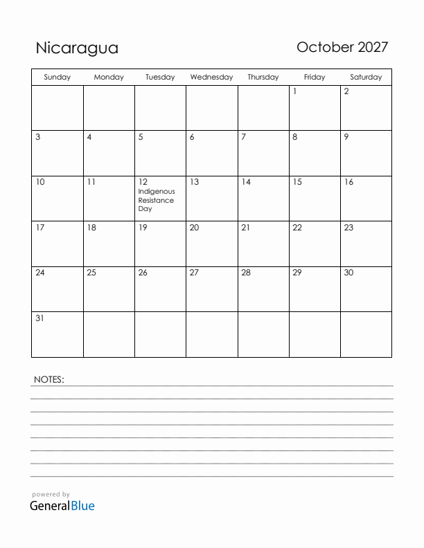 October 2027 Nicaragua Calendar with Holidays (Sunday Start)