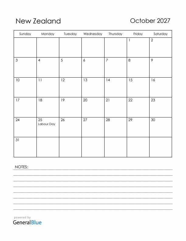 October 2027 New Zealand Calendar with Holidays (Sunday Start)